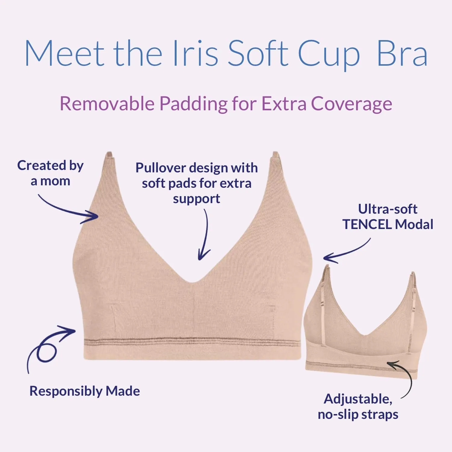 Iris Soft Cup Bra | Ultra Soft, Wireless First Bra for Teens & Tweens with Removable Padding, Adjustable Straps