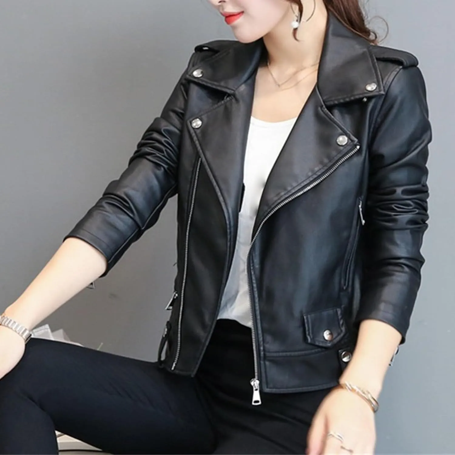 JEKE-DG Women's Casual Faux Leather Bomber Coat Asymmetrical Zip Lapel Coat Jacket Slim Fit Solid Short Coats
