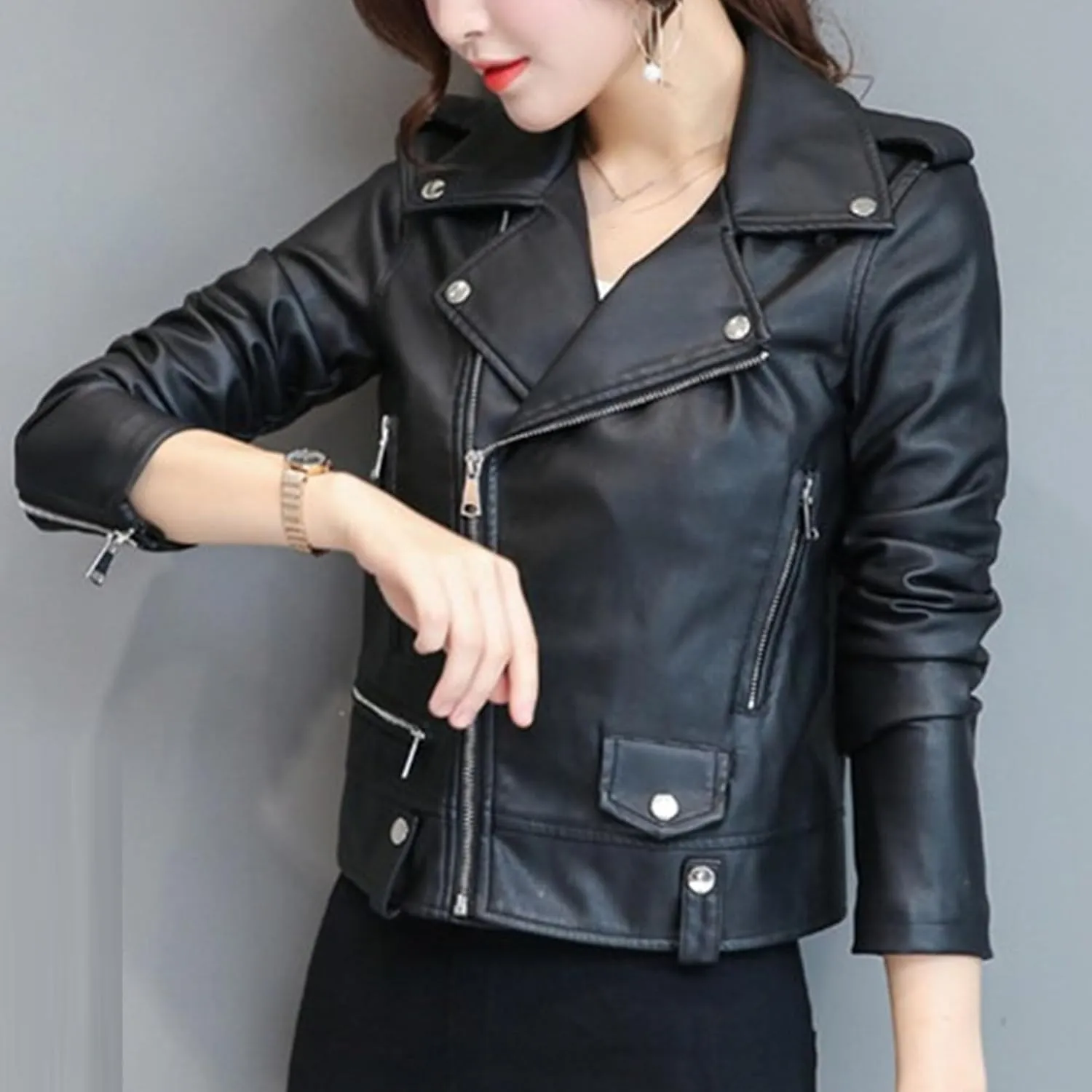 JEKE-DG Women's Casual Faux Leather Bomber Coat Asymmetrical Zip Lapel Coat Jacket Slim Fit Solid Short Coats