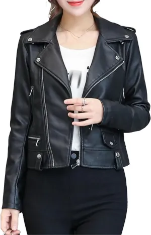 JEKE-DG Women's Casual Faux Leather Bomber Coat Asymmetrical Zip Lapel Coat Jacket Slim Fit Solid Short Coats