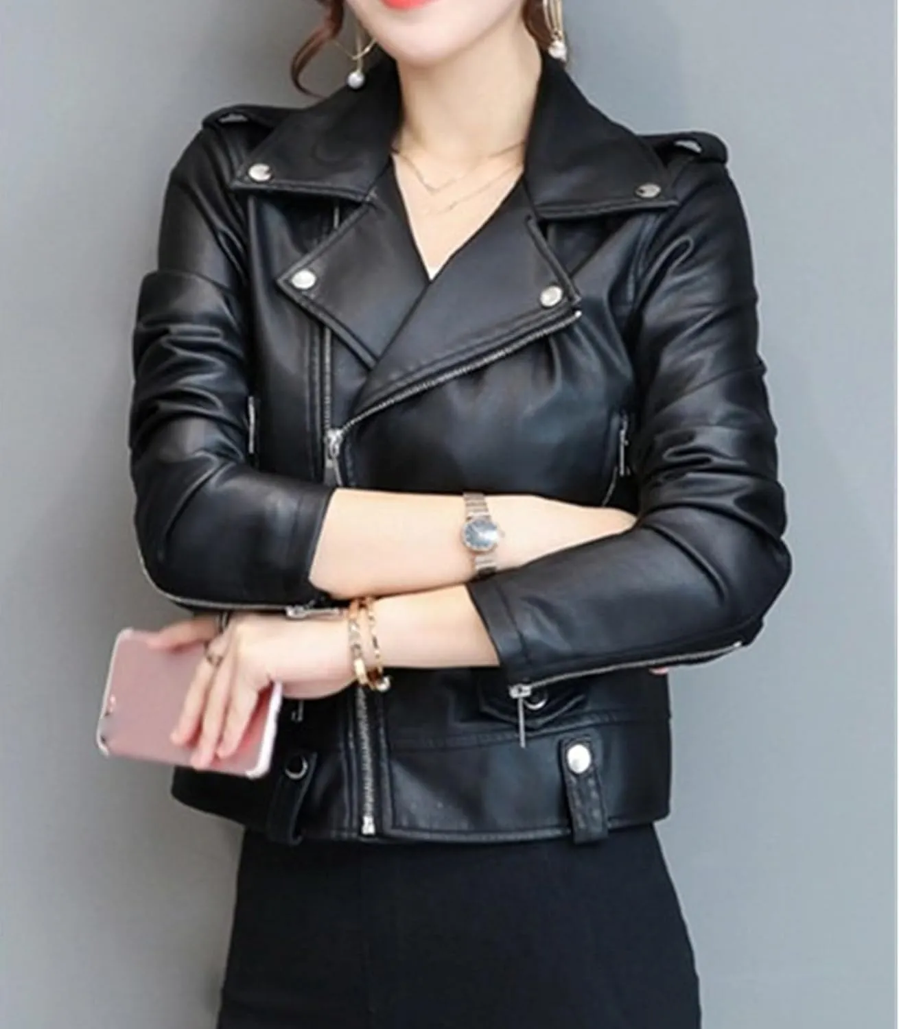 JEKE-DG Women's Casual Faux Leather Bomber Coat Asymmetrical Zip Lapel Coat Jacket Slim Fit Solid Short Coats