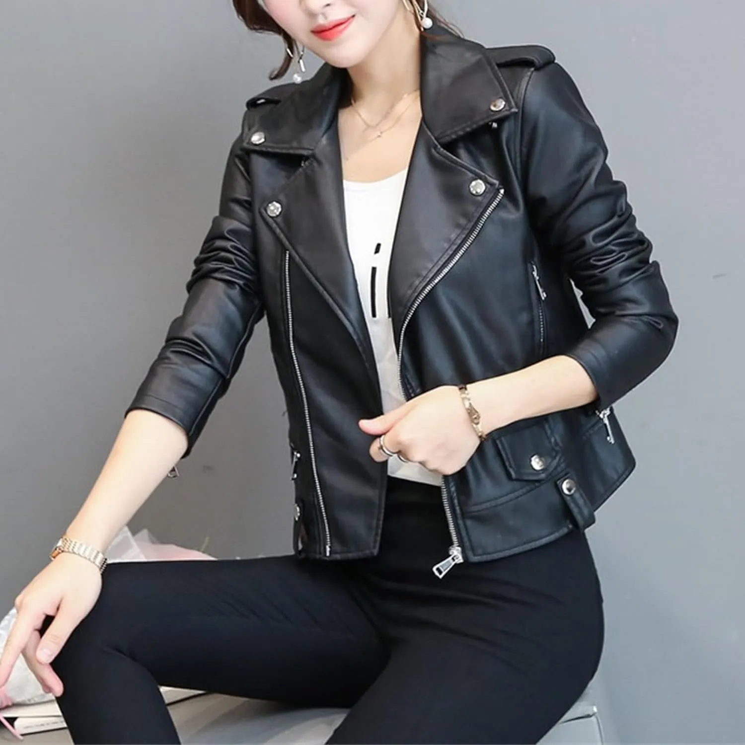 JEKE-DG Women's Casual Faux Leather Bomber Coat Asymmetrical Zip Lapel Coat Jacket Slim Fit Solid Short Coats