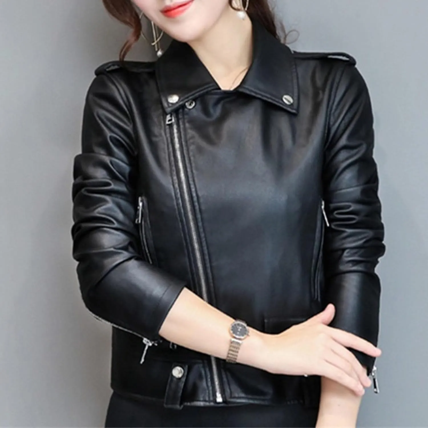 JEKE-DG Women's Casual Faux Leather Bomber Coat Asymmetrical Zip Lapel Coat Jacket Slim Fit Solid Short Coats