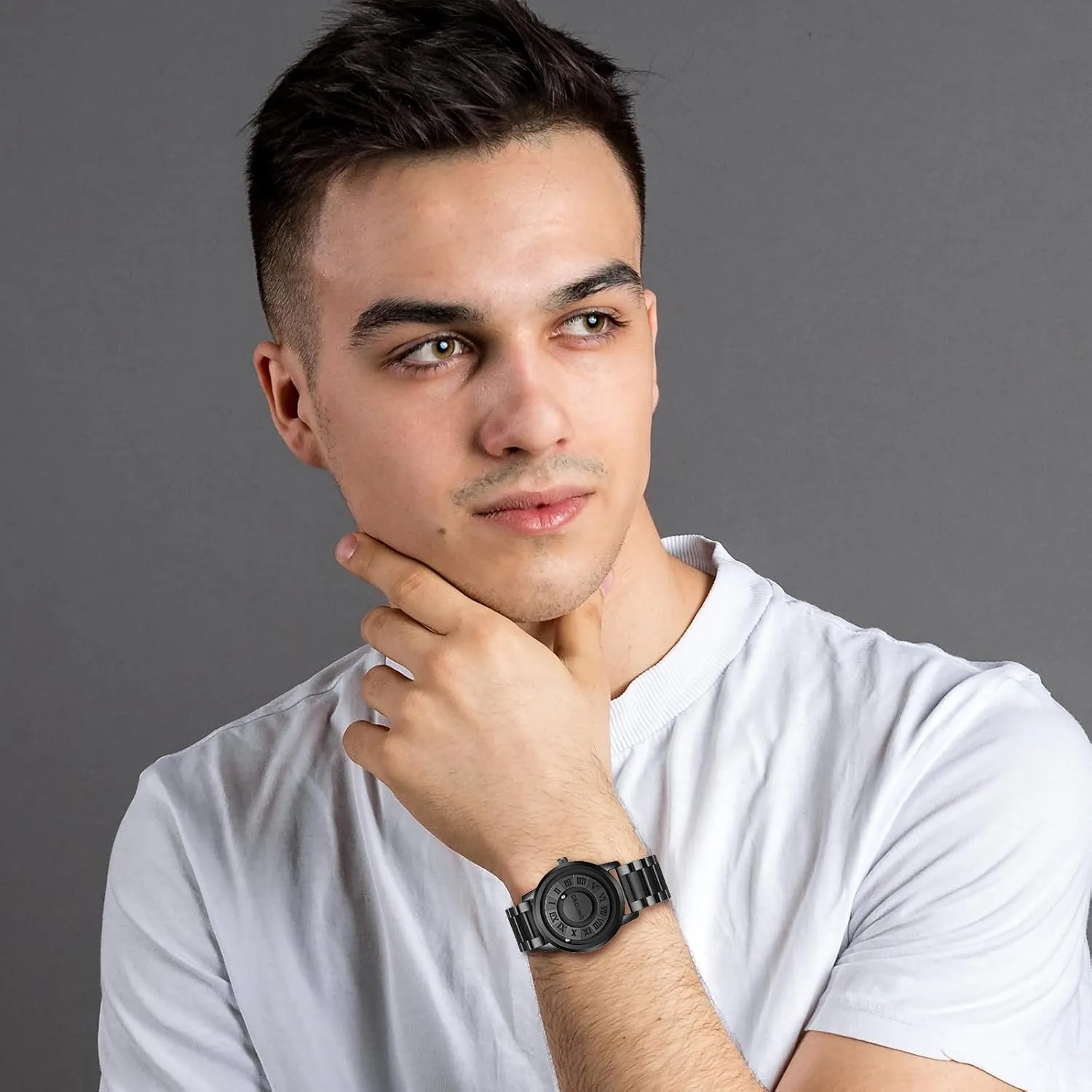 JewelryWe Men Magnetic Quartz Watch: Black 3 ATM Waterproof No Lens Design Roman Numeral Dial Stainless Steel Band Futuristic Ball Pointer Concept Detachable Strap Wristwatch