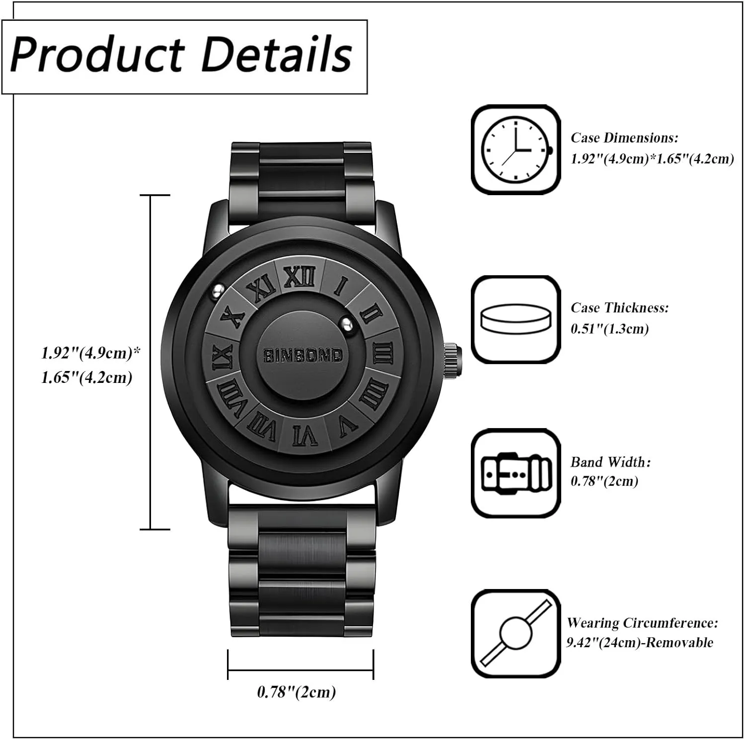 JewelryWe Men Magnetic Quartz Watch: Black 3 ATM Waterproof No Lens Design Roman Numeral Dial Stainless Steel Band Futuristic Ball Pointer Concept Detachable Strap Wristwatch