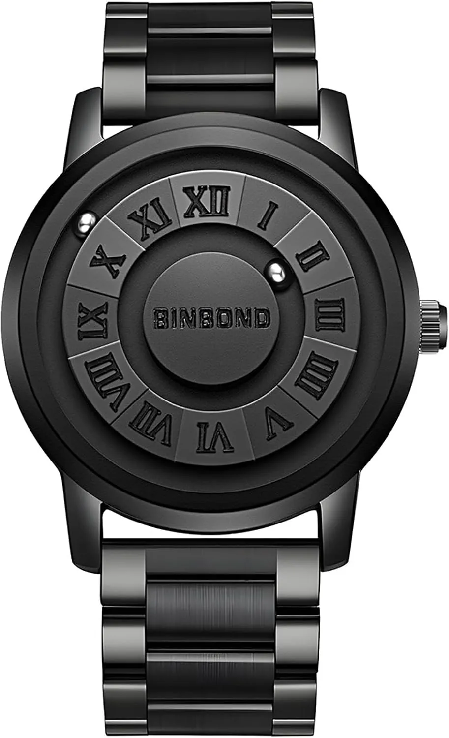 JewelryWe Men Magnetic Quartz Watch: Black 3 ATM Waterproof No Lens Design Roman Numeral Dial Stainless Steel Band Futuristic Ball Pointer Concept Detachable Strap Wristwatch