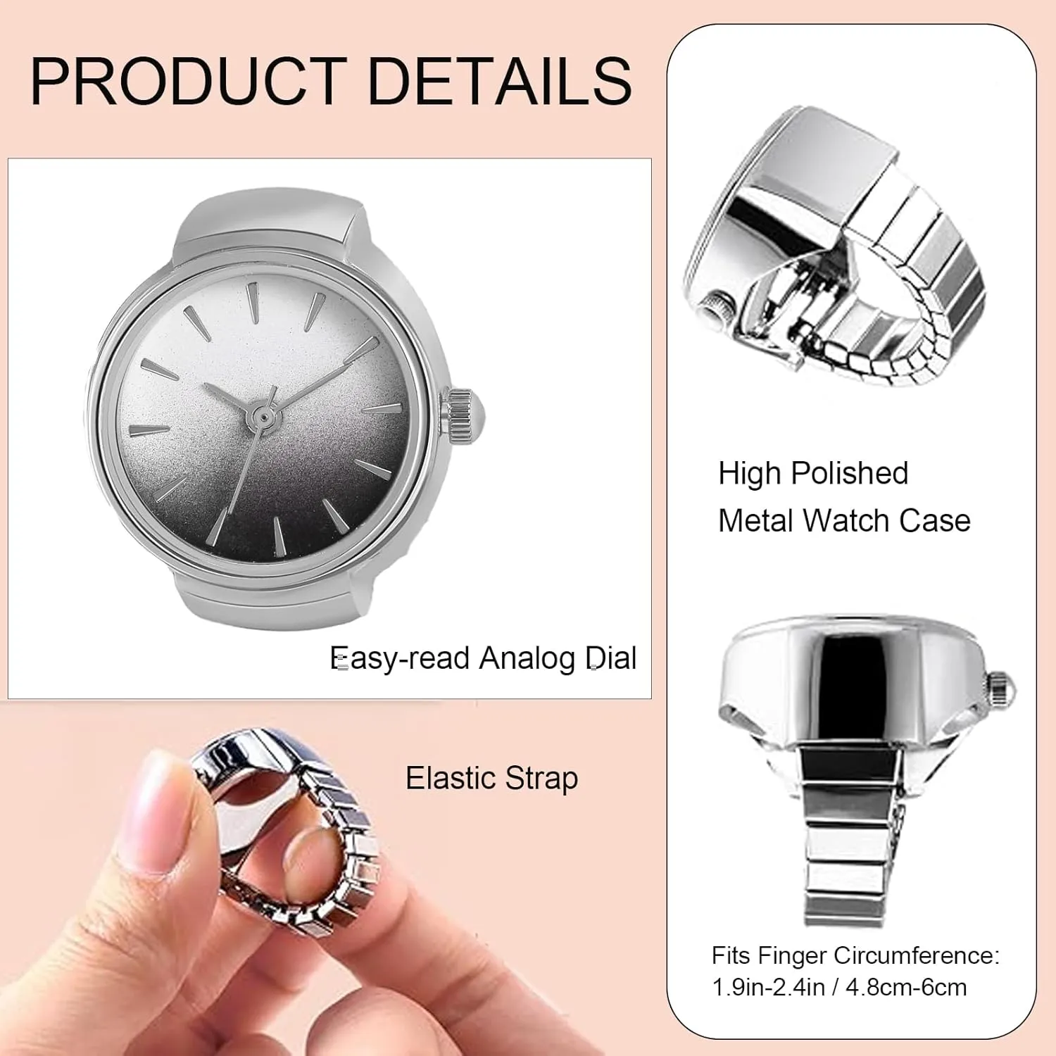 JewelryWe Men Women Finger Watches Gold/Silver Plated Elastic Watch Rings Simple Round Quartz Ring Watches with Gradient Color Dial