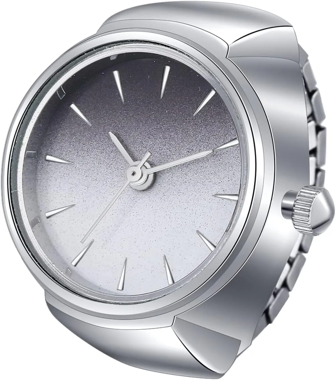 JewelryWe Men Women Finger Watches Gold/Silver Plated Elastic Watch Rings Simple Round Quartz Ring Watches with Gradient Color Dial