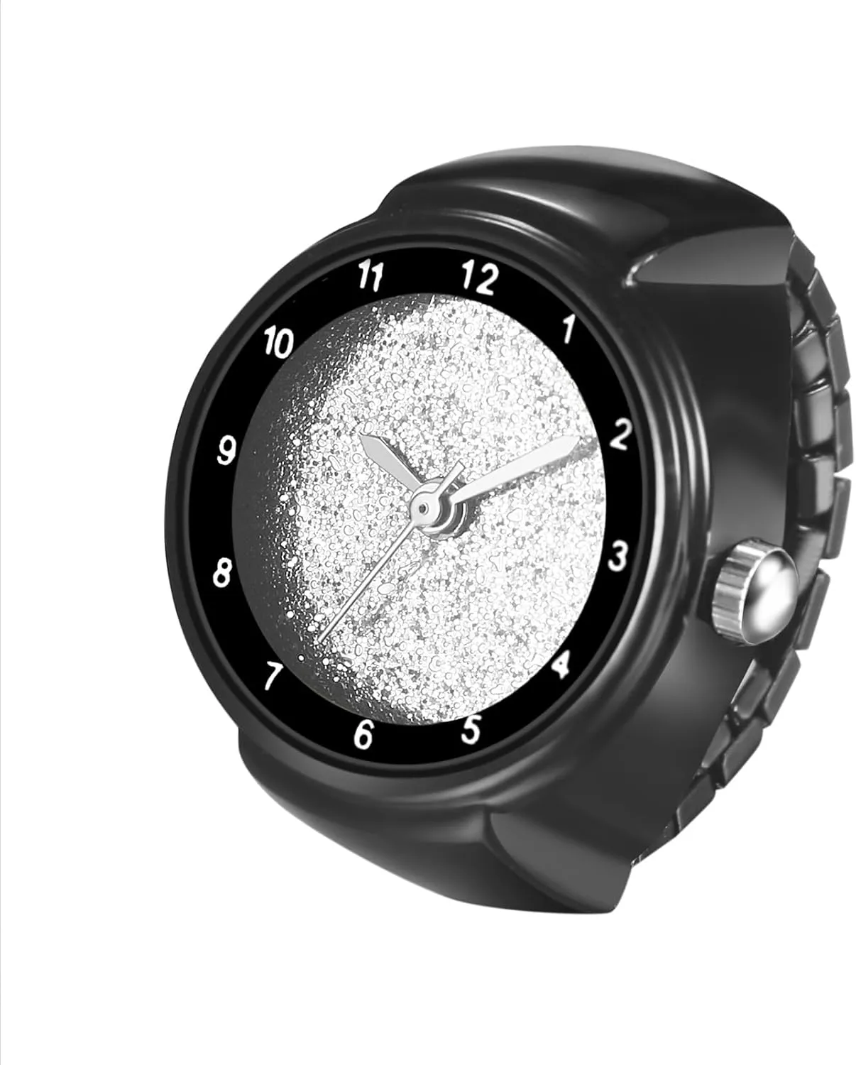 JewelryWe Unisex Finger Ring Watch: Men Women Black/White Elastic Stretchable Band Arabic Numerals Round Dial Stainless Steel Quartz Ring Watches