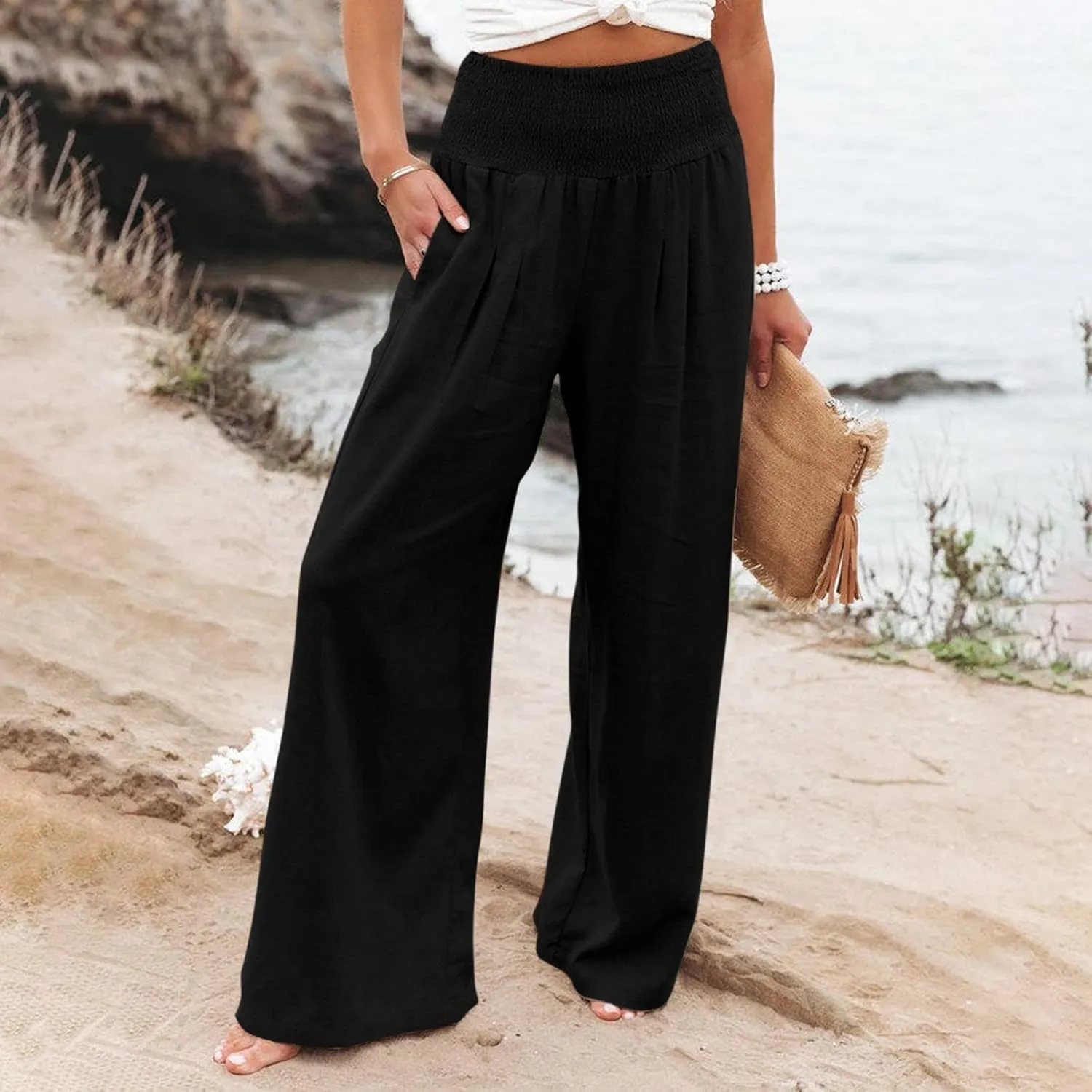 JOYO Womens Cotton Comfortable Straight Trousers High Waist Casual Wide Leg Long Palazzo Pant Work Casual Flowy Dress Pants