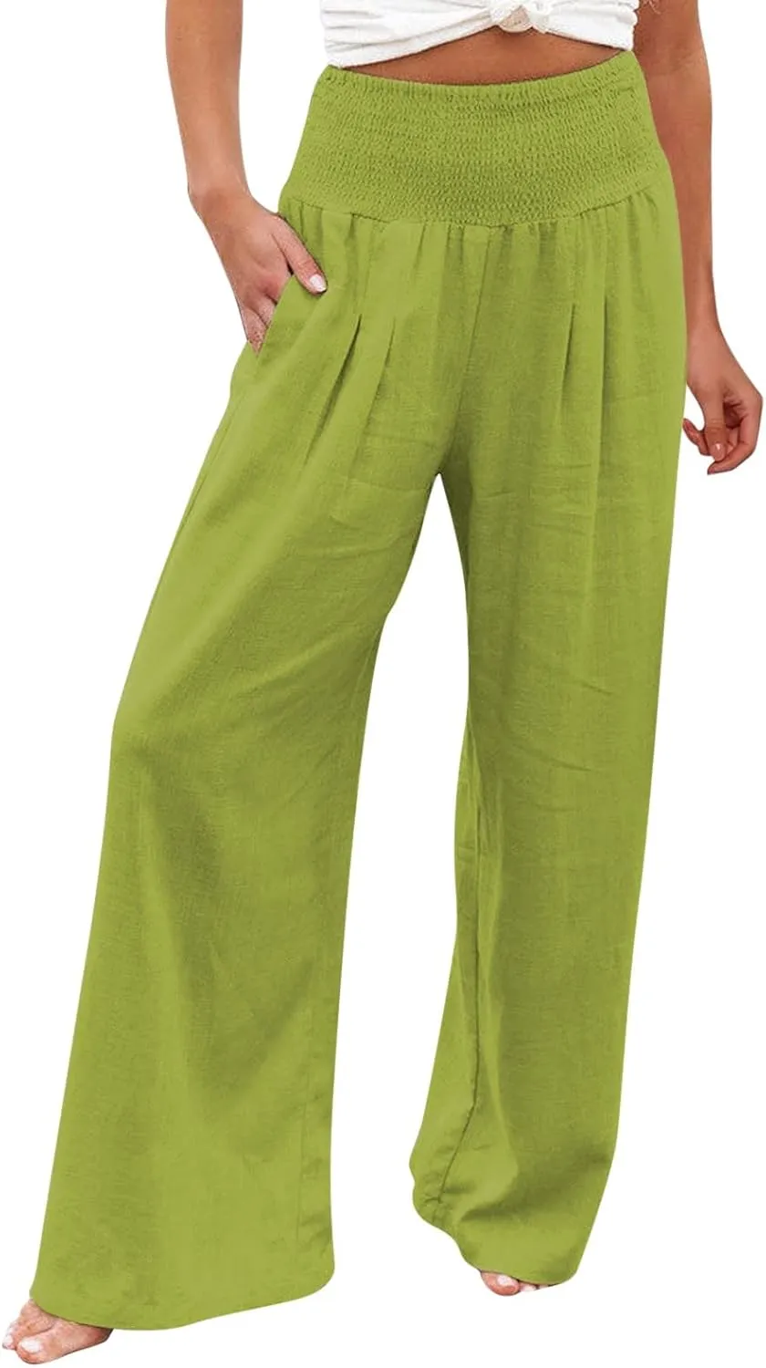 JOYO Womens Cotton Comfortable Straight Trousers High Waist Casual Wide Leg Long Palazzo Pant Work Casual Flowy Dress Pants