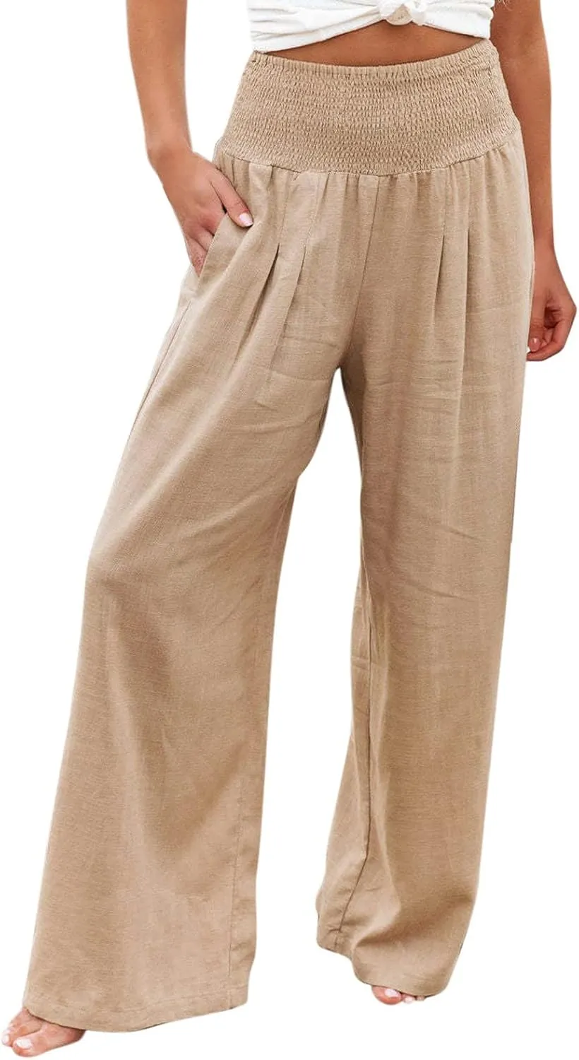 JOYO Womens Cotton Comfortable Straight Trousers High Waist Casual Wide Leg Long Palazzo Pant Work Casual Flowy Dress Pants
