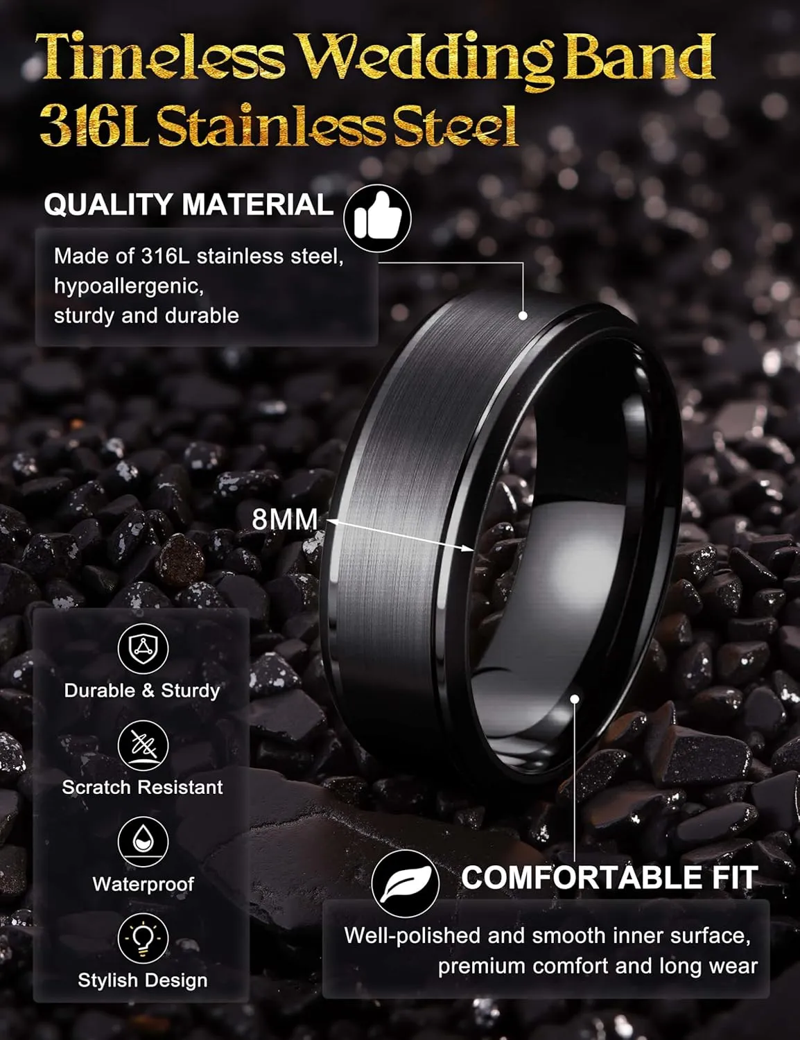 Jstyle Stainless Steel Rings for Men Women 8MM Wedding Band Rings Matte Surface - Beveled Polished Edge Mens Ring Comfort Fit Size 6-14