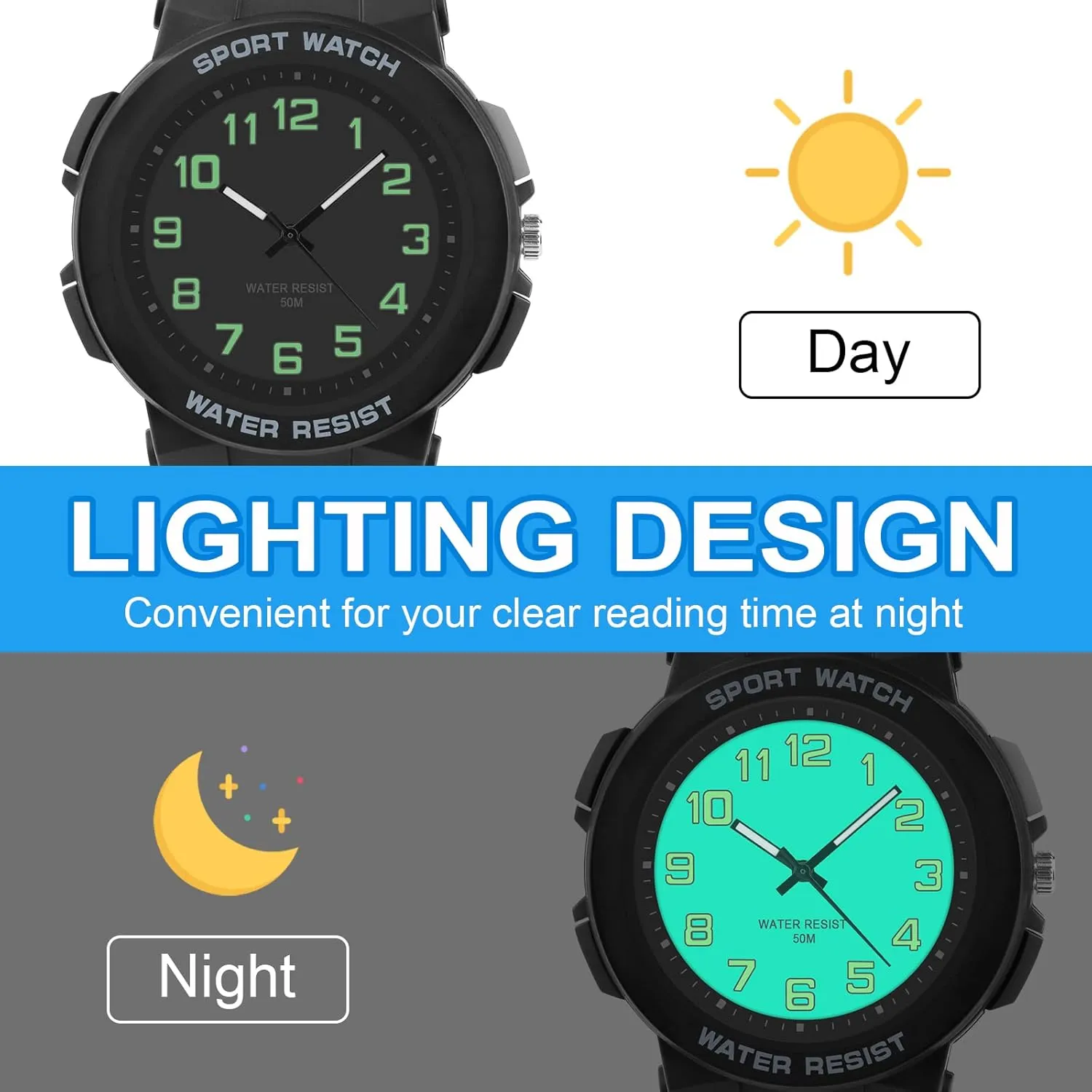 Juboos Kid's Analog Watch for Boys and Girls, Outdoor Sports 5 ATM/50 M Waterproof Childrens Watch with Light, Easy-to-Read Time Teaching Large Dial