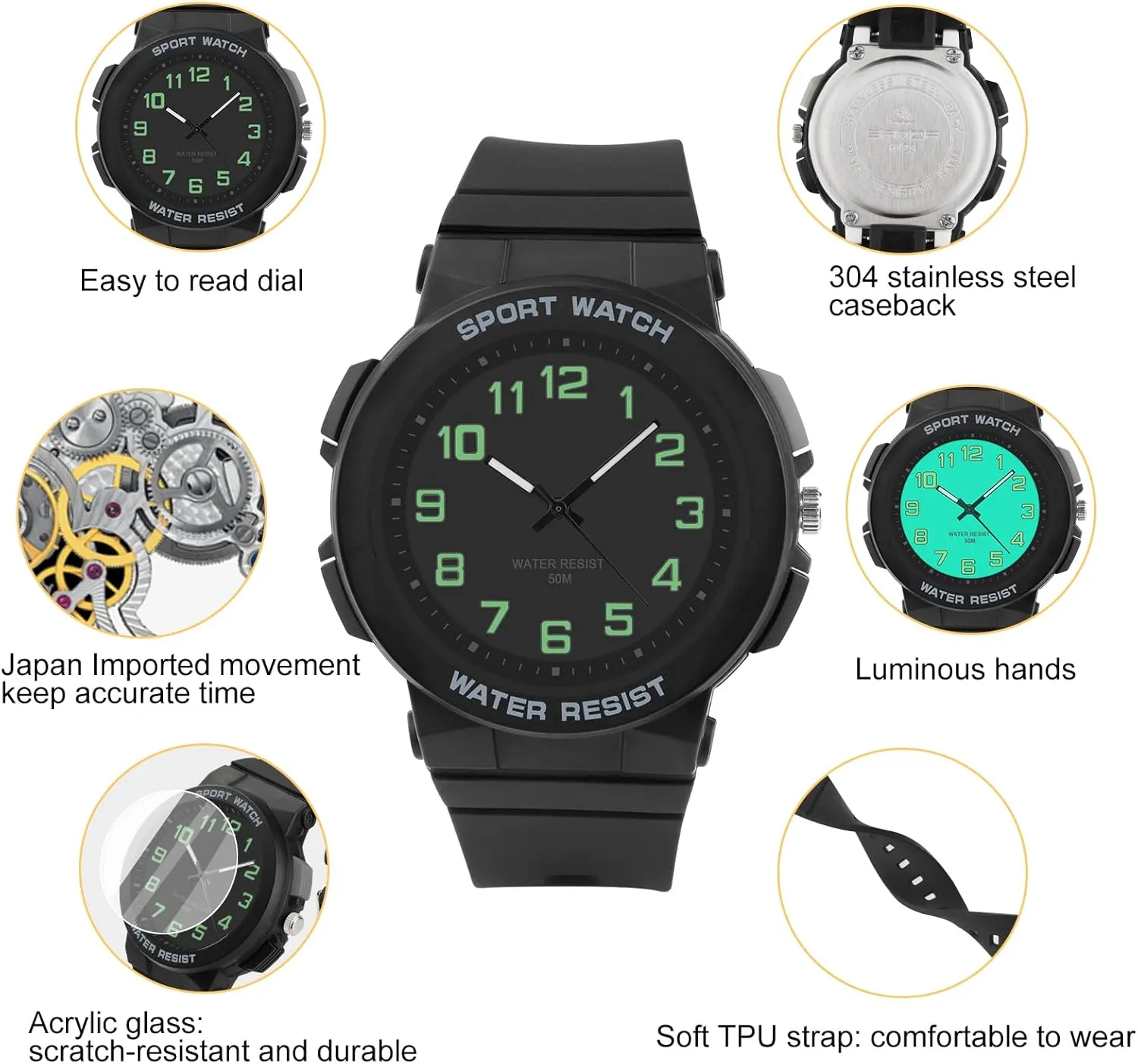 Juboos Kid's Analog Watch for Boys and Girls, Outdoor Sports 5 ATM/50 M Waterproof Childrens Watch with Light, Easy-to-Read Time Teaching Large Dial