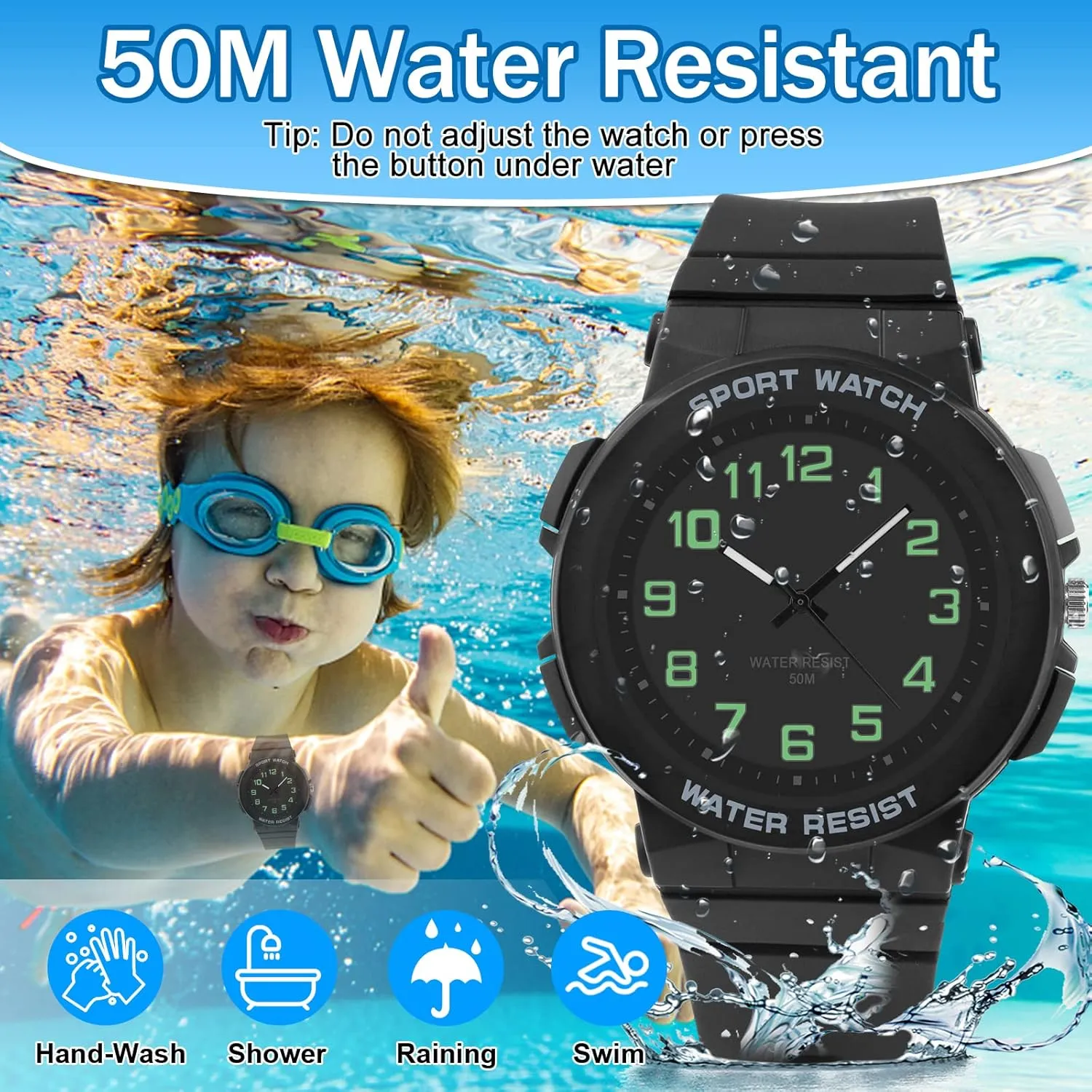 Juboos Kid's Analog Watch for Boys and Girls, Outdoor Sports 5 ATM/50 M Waterproof Childrens Watch with Light, Easy-to-Read Time Teaching Large Dial