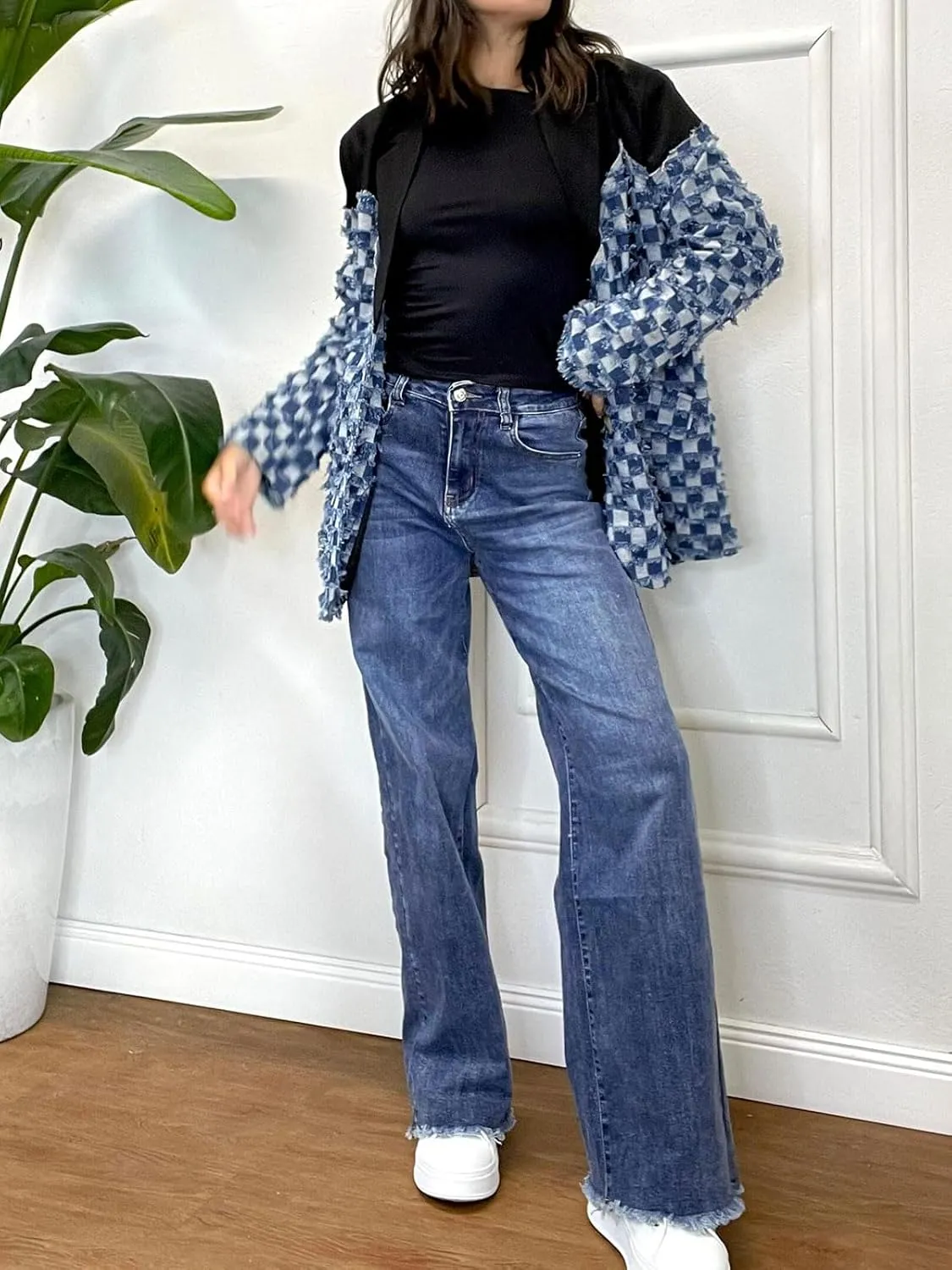 KANSOON Women Denim Blazer Jacket Patchwork Jean Long Sleeve Button Fringes Casual Business Blazers