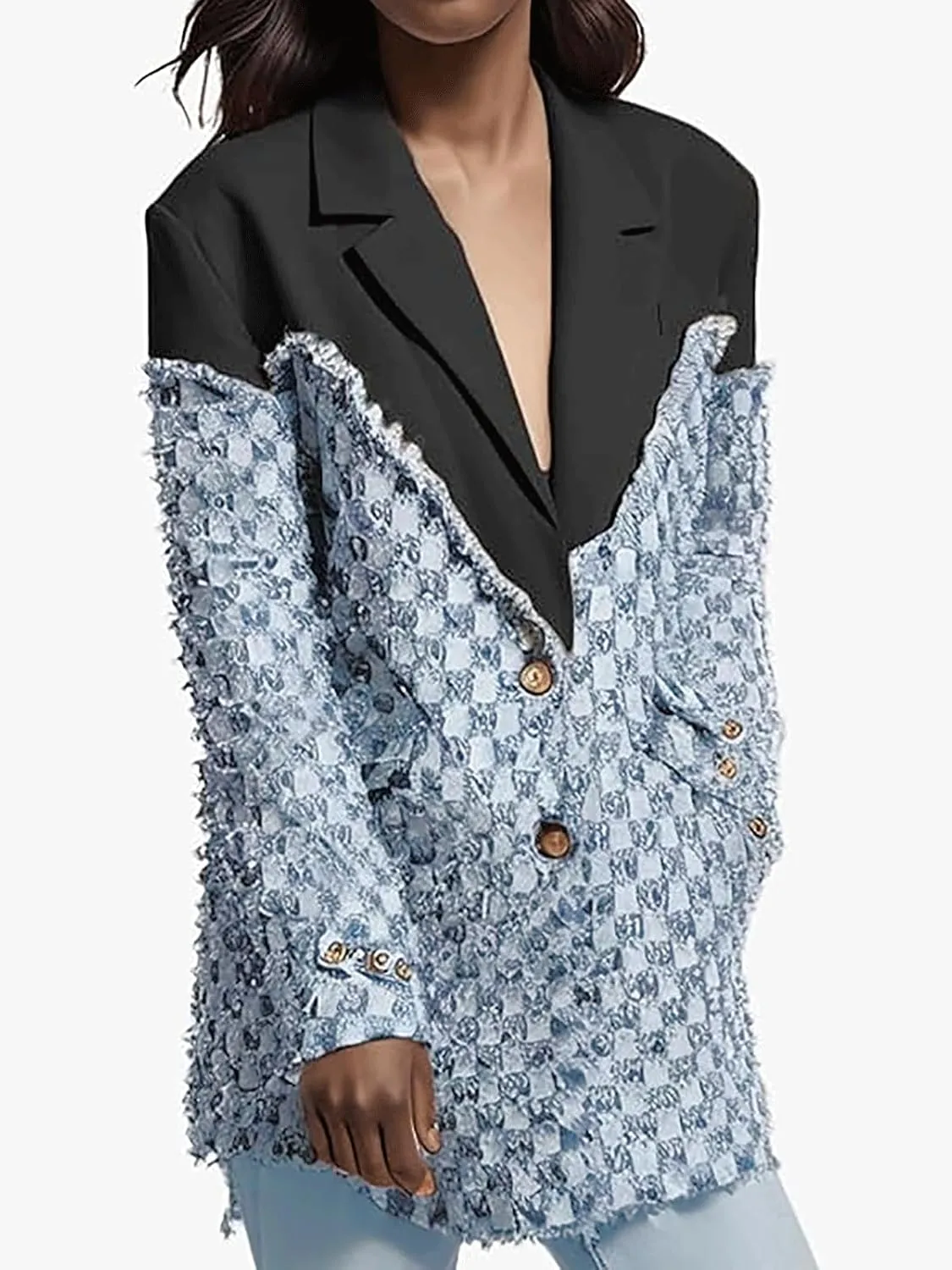 KANSOON Women Denim Blazer Jacket Patchwork Jean Long Sleeve Button Fringes Casual Business Blazers