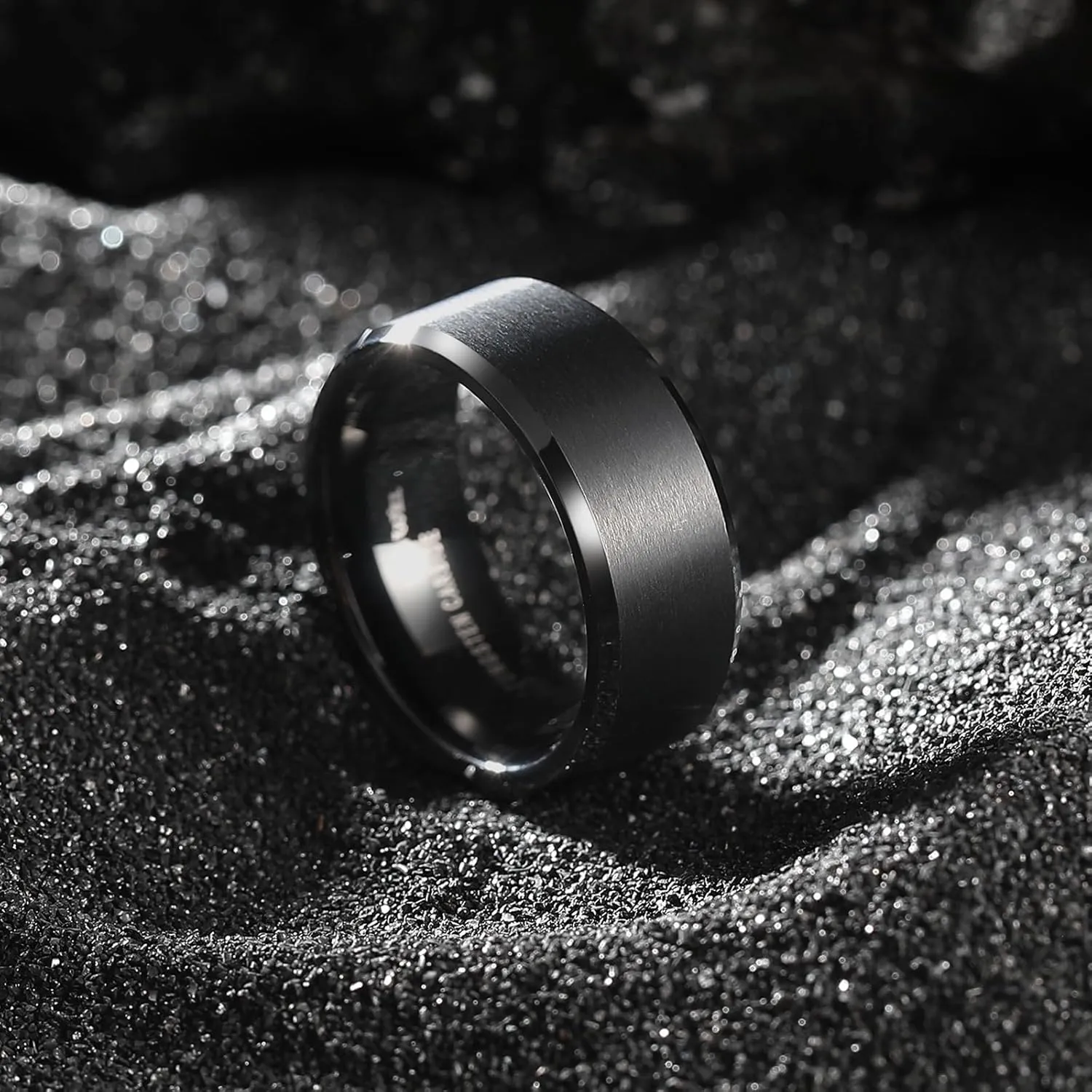 King Will Tungsten Men's Wedding Ring - Available in 6mm to 10mm, Black/Silver, Matte Finish, Beveled Polished Edge, Comfort Fit