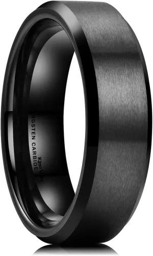 King Will Tungsten Men's Wedding Ring - Available in 6mm to 10mm, Black/Silver, Matte Finish, Beveled Polished Edge, Comfort Fit