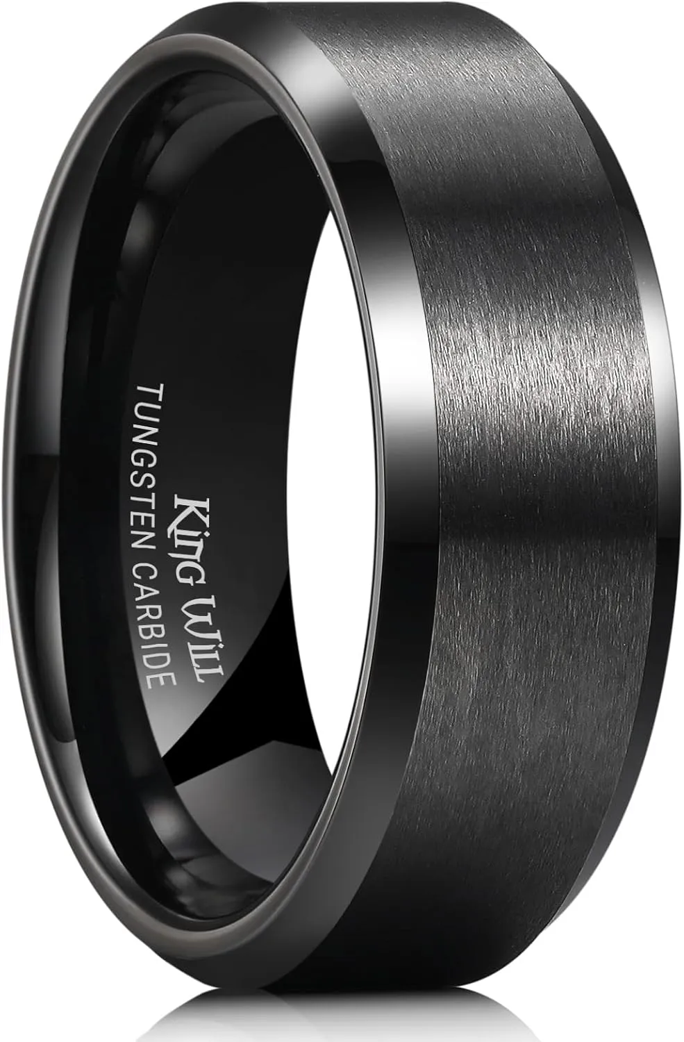 King Will Tungsten Men's Wedding Ring - Available in 6mm to 10mm, Black/Silver, Matte Finish, Beveled Polished Edge, Comfort Fit
