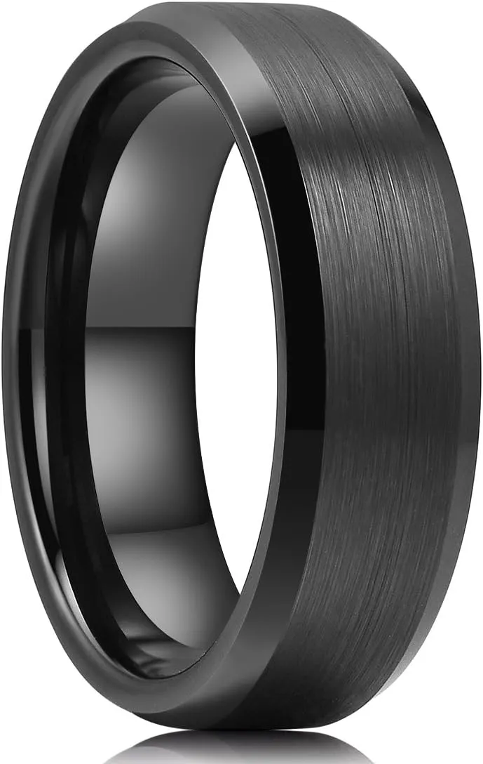 King Will Tungsten Men's Wedding Ring - Available in 6mm to 10mm, Black/Silver, Matte Finish, Beveled Polished Edge, Comfort Fit