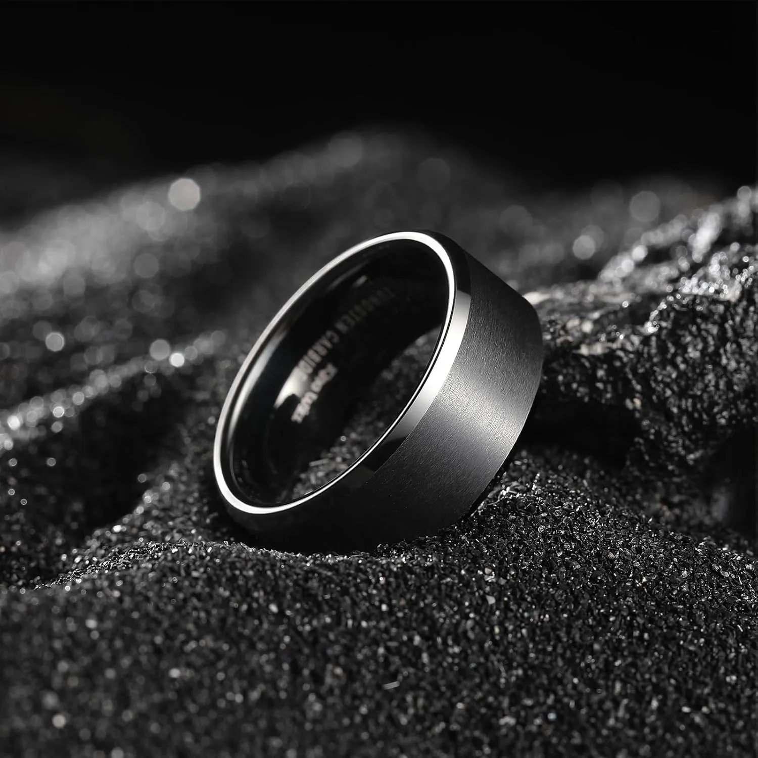 King Will Tungsten Men's Wedding Ring - Available in 6mm to 10mm, Black/Silver, Matte Finish, Beveled Polished Edge, Comfort Fit
