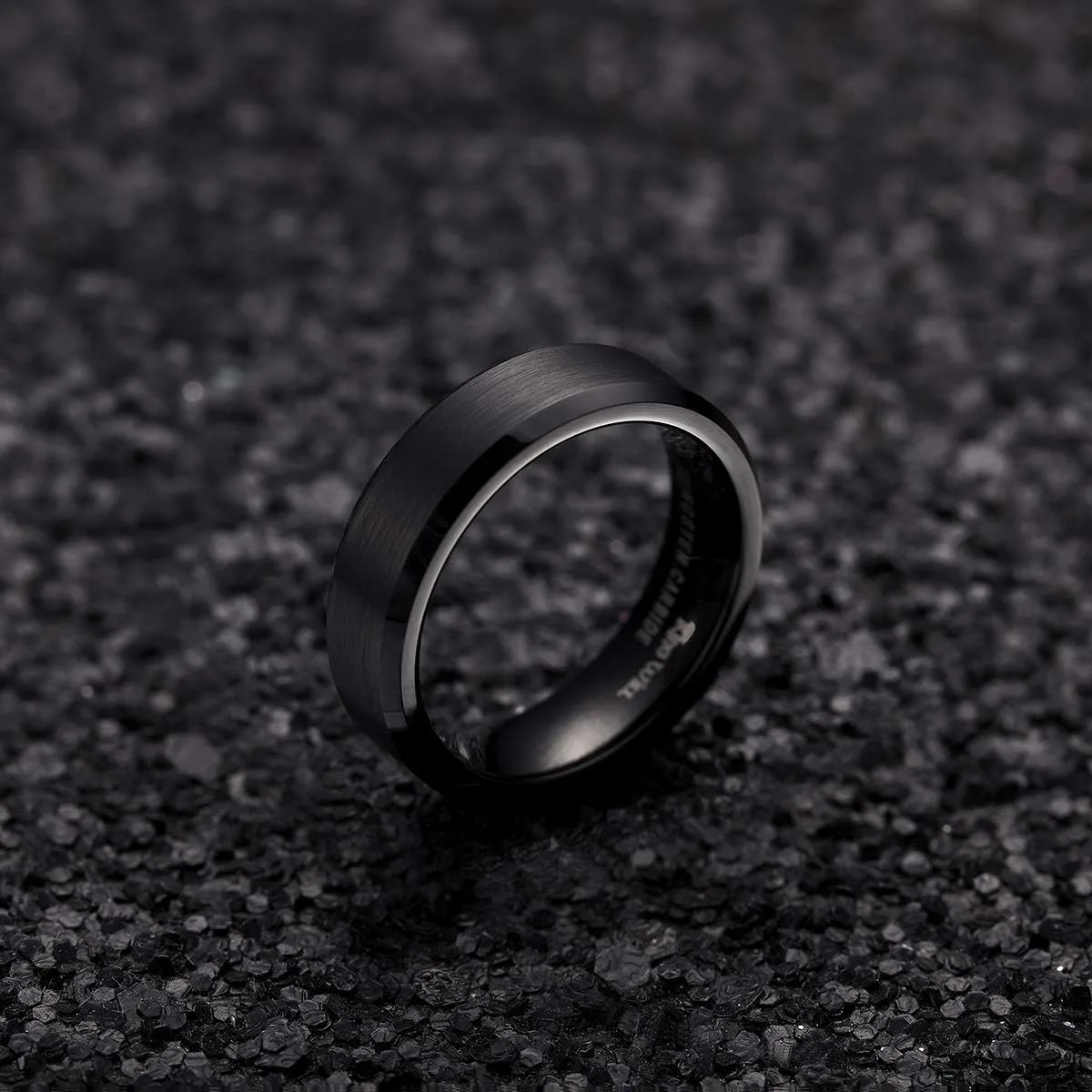 King Will Tungsten Men's Wedding Ring - Available in 6mm to 10mm, Black/Silver, Matte Finish, Beveled Polished Edge, Comfort Fit