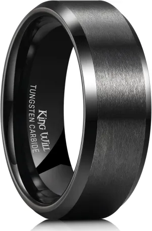 King Will Tungsten Men's Wedding Ring - Available in 6mm to 10mm, Black/Silver, Matte Finish, Beveled Polished Edge, Comfort Fit