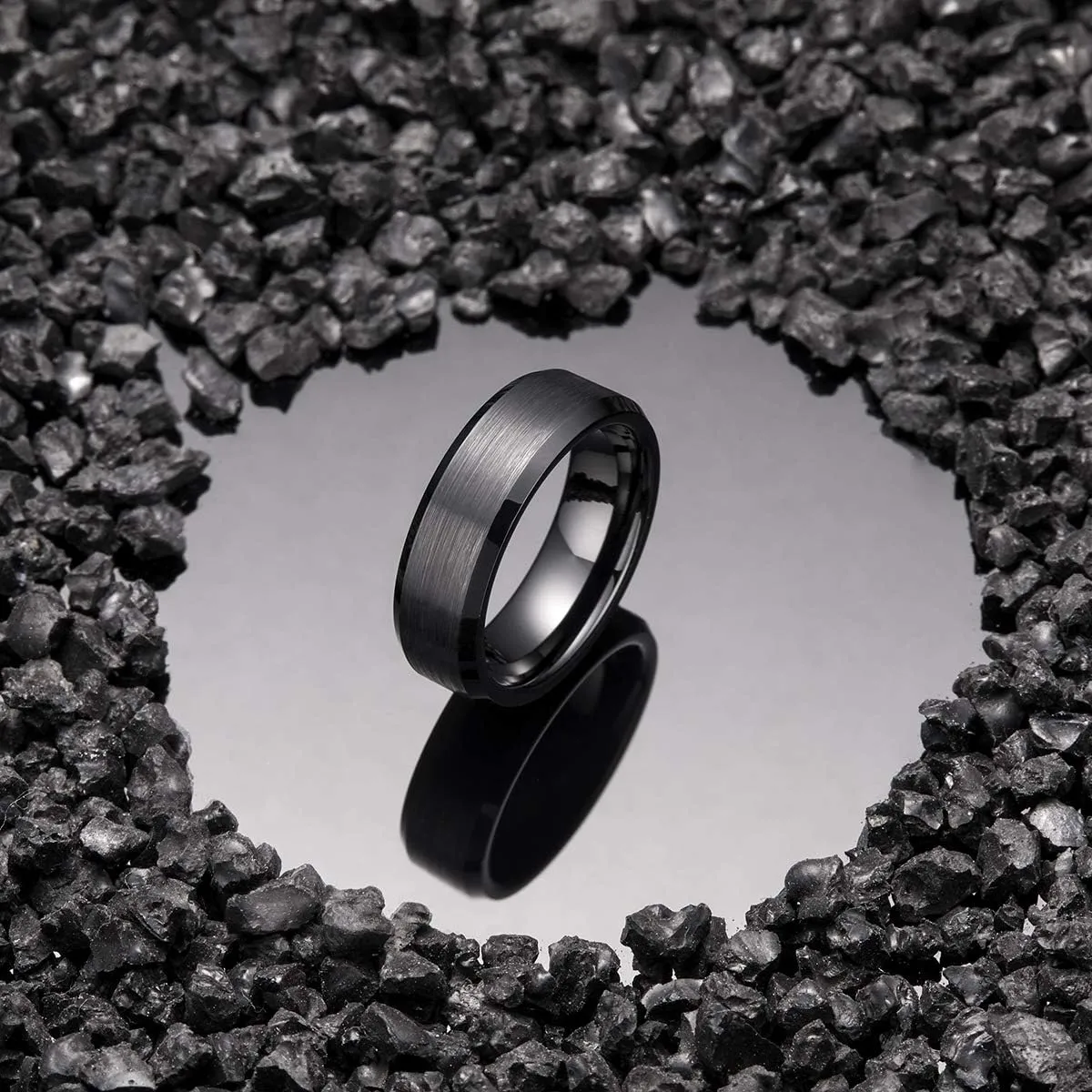 King Will Tungsten Men's Wedding Ring - Available in 6mm to 10mm, Black/Silver, Matte Finish, Beveled Polished Edge, Comfort Fit
