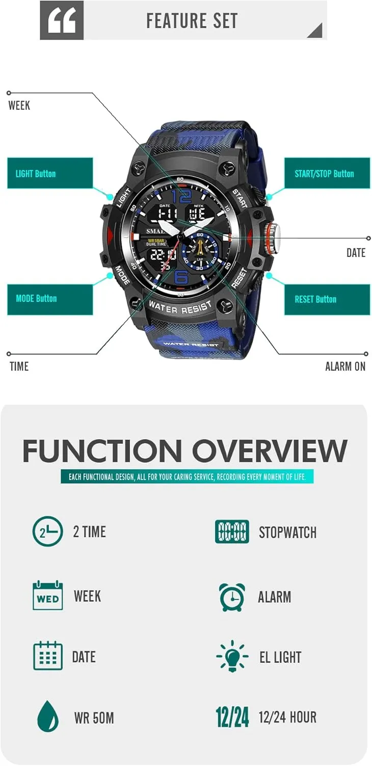 KXAITO Men's Analog Sports Watch Military Watch Outdoor LED Stopwatch Digital Electronic Large Dual Display Waterproof Tactical Army Wrist Watches for Men 8007