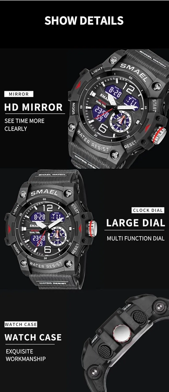 KXAITO Men's Analog Sports Watch Military Watch Outdoor LED Stopwatch Digital Electronic Large Dual Display Waterproof Tactical Army Wrist Watches for Men 8007