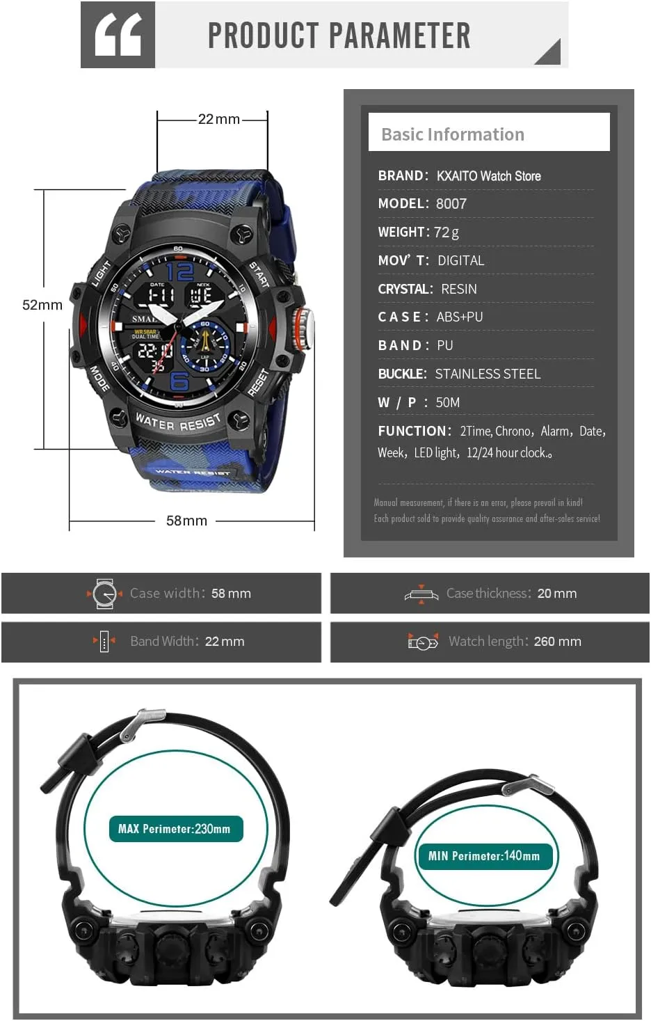 KXAITO Men's Analog Sports Watch Military Watch Outdoor LED Stopwatch Digital Electronic Large Dual Display Waterproof Tactical Army Wrist Watches for Men 8007