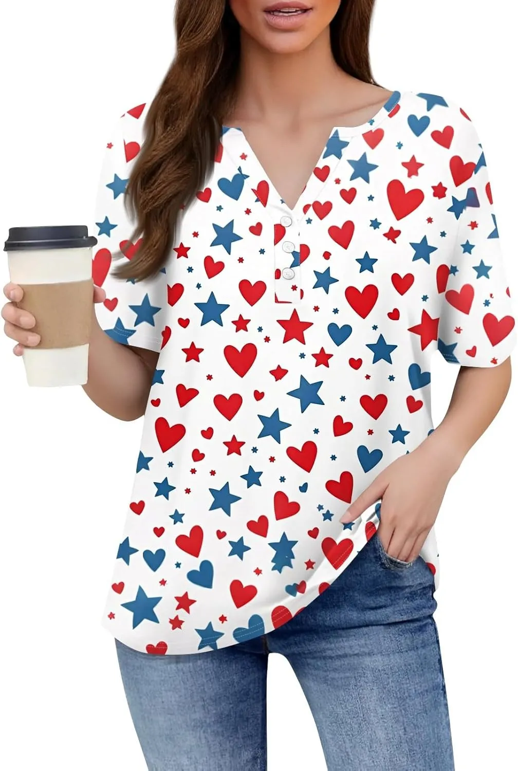 Ladies Tops And Blouses Short Sleeve Henley Summer Button Up Shirts V Neck Shirts Funny Tees Vacation Outfits