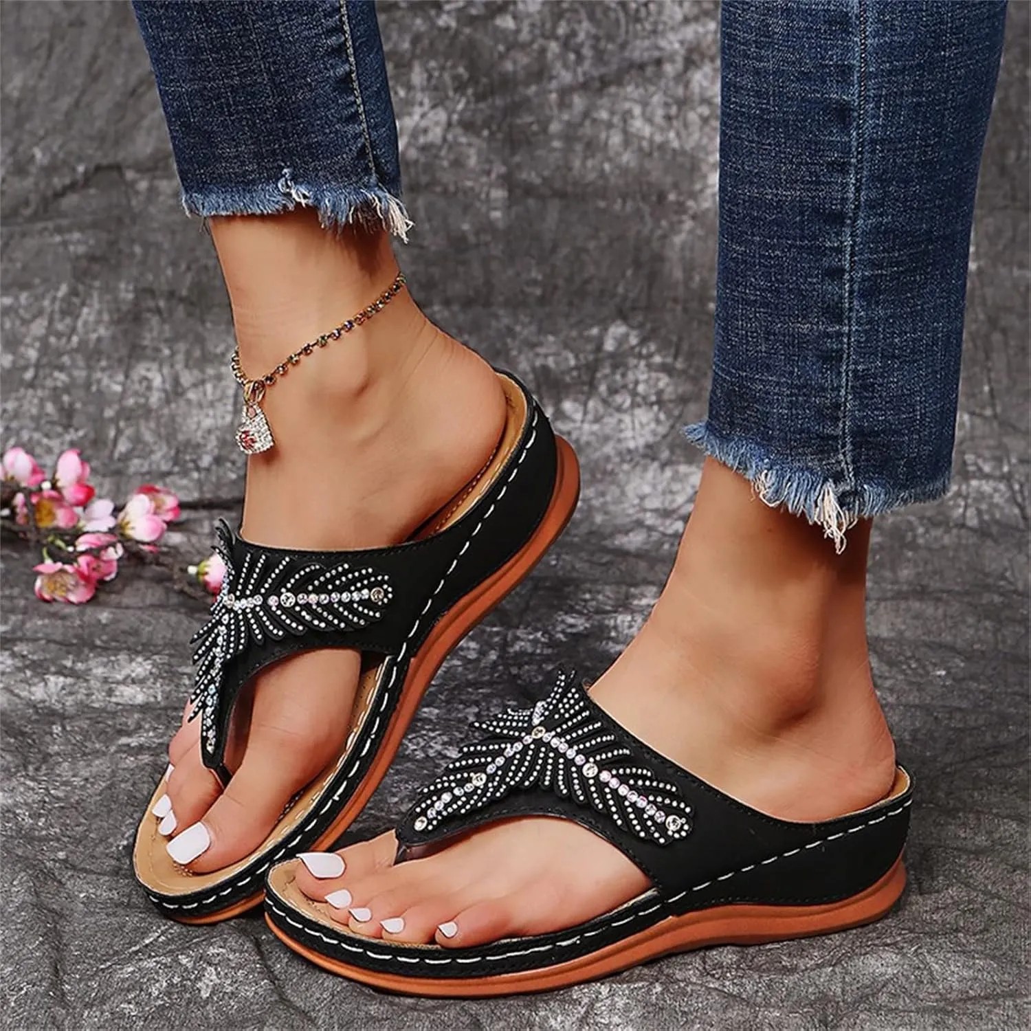 Ladmiple Sandals Women Dressy Comfortable Flat Orthotic Flips Flops Arch Support Plantar Fasciitis Walking Orthopedic Slides