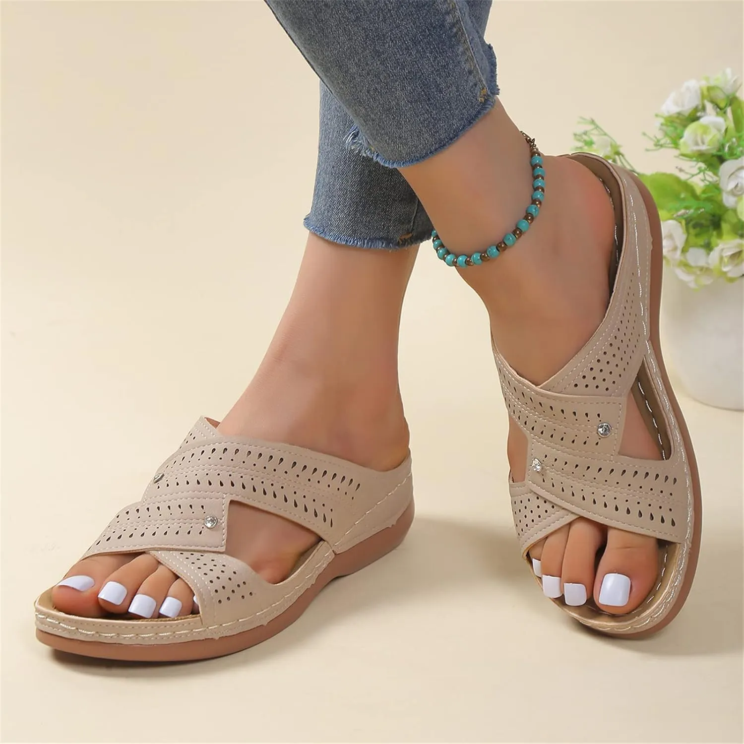 Ladmiple Womens Sandals Dressy Flat Arch Support Orthotic Flips Flops Plantar Fasciitis Comfortable Walking Orthopedic Slides