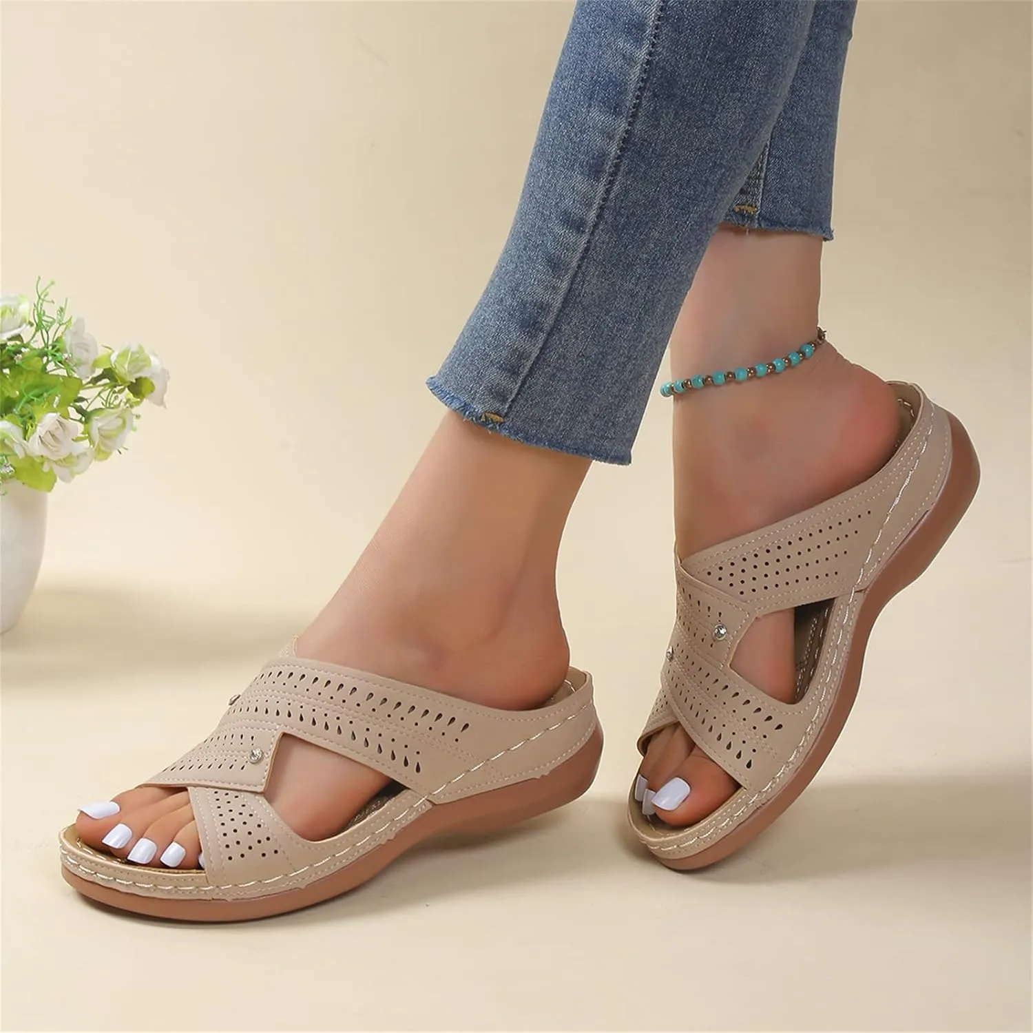 Ladmiple Womens Sandals Dressy Flat Arch Support Orthotic Flips Flops Plantar Fasciitis Comfortable Walking Orthopedic Slides