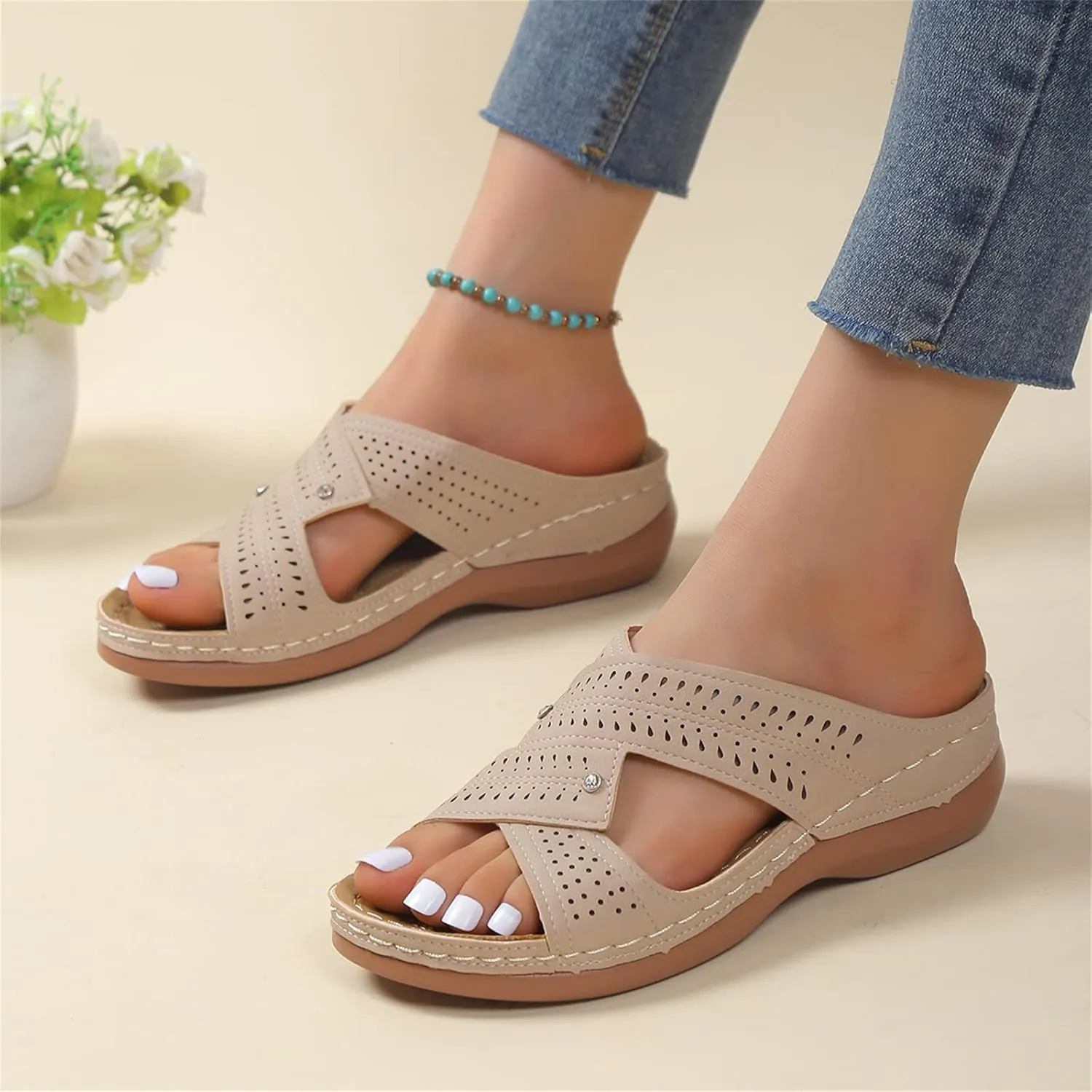 Ladmiple Womens Sandals Dressy Flat Arch Support Orthotic Flips Flops Plantar Fasciitis Comfortable Walking Orthopedic Slides