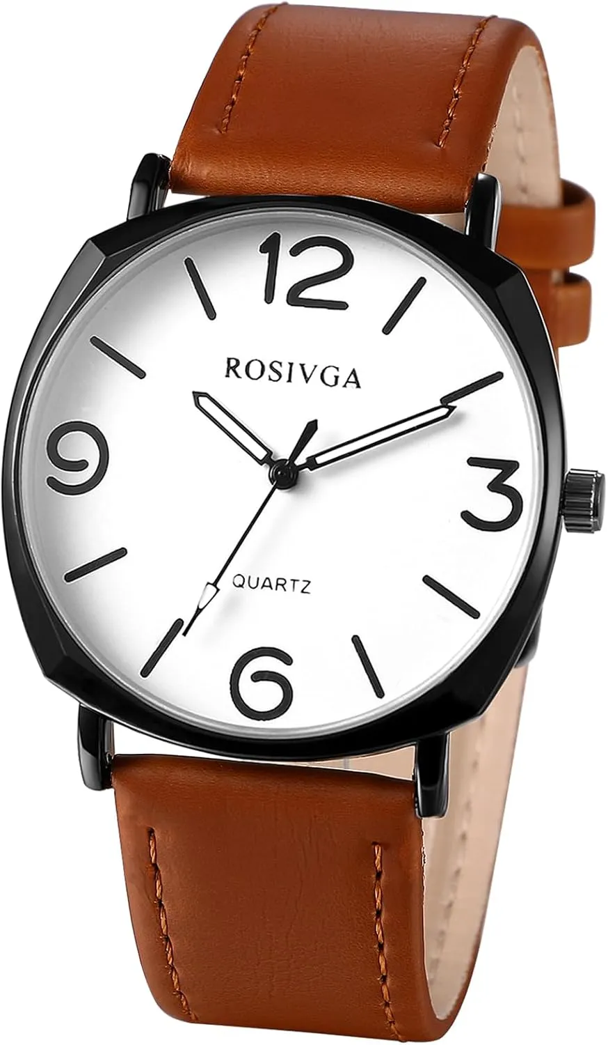 Lancardo Men Leather Strap Watch: Big Round Face Easy to Read Arabic Numerals Quartz Watch School Office Dress Watch Valentines Day Fathers Day