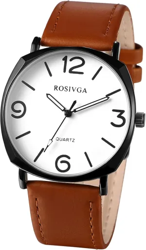 Lancardo Men Leather Strap Watch: Big Round Face Easy to Read Arabic Numerals Quartz Watch School Office Dress Watch Valentines Day Fathers Day