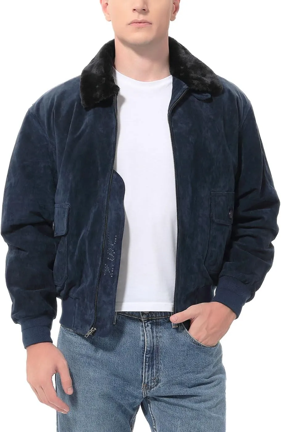 Landing Leathers Men Navy G-1 Leather Flight Bomber Jacket (Also available in Big & Tall)