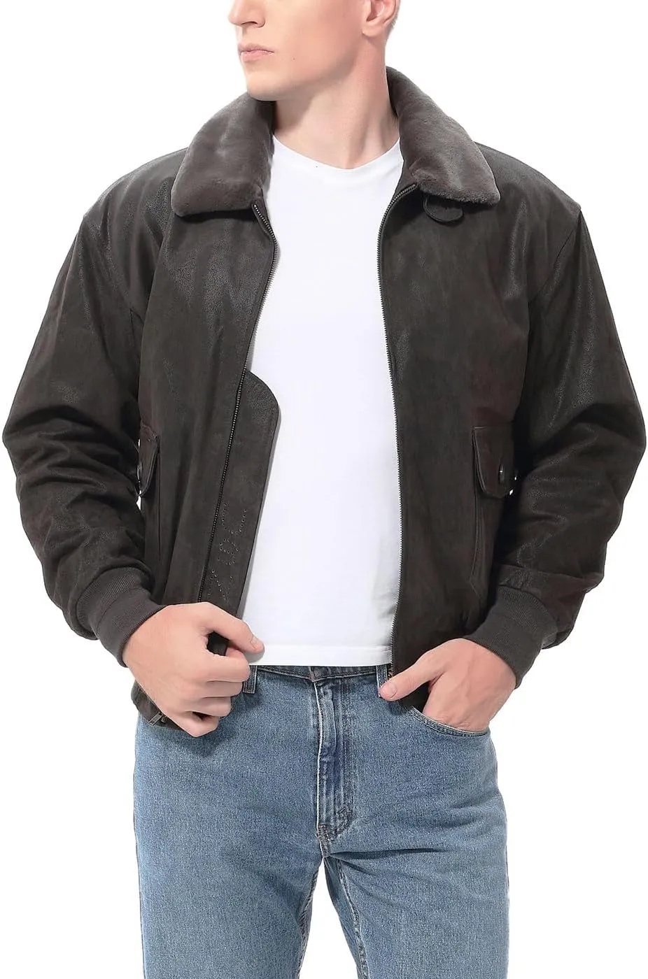 Landing Leathers Men Navy G-1 Leather Flight Bomber Jacket (Also available in Big & Tall)