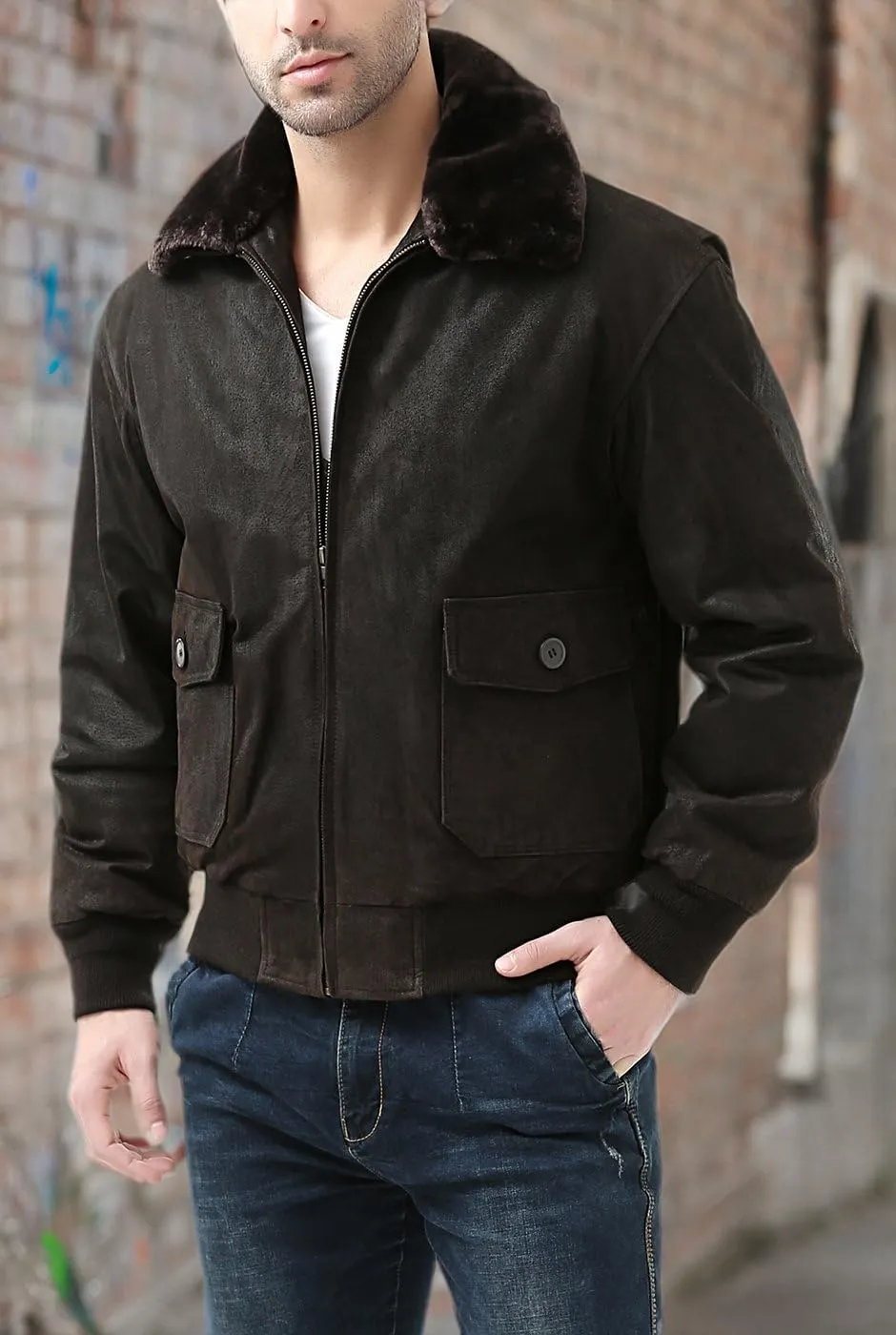 Landing Leathers Men Navy G-1 Leather Flight Bomber Jacket (Also available in Big & Tall)