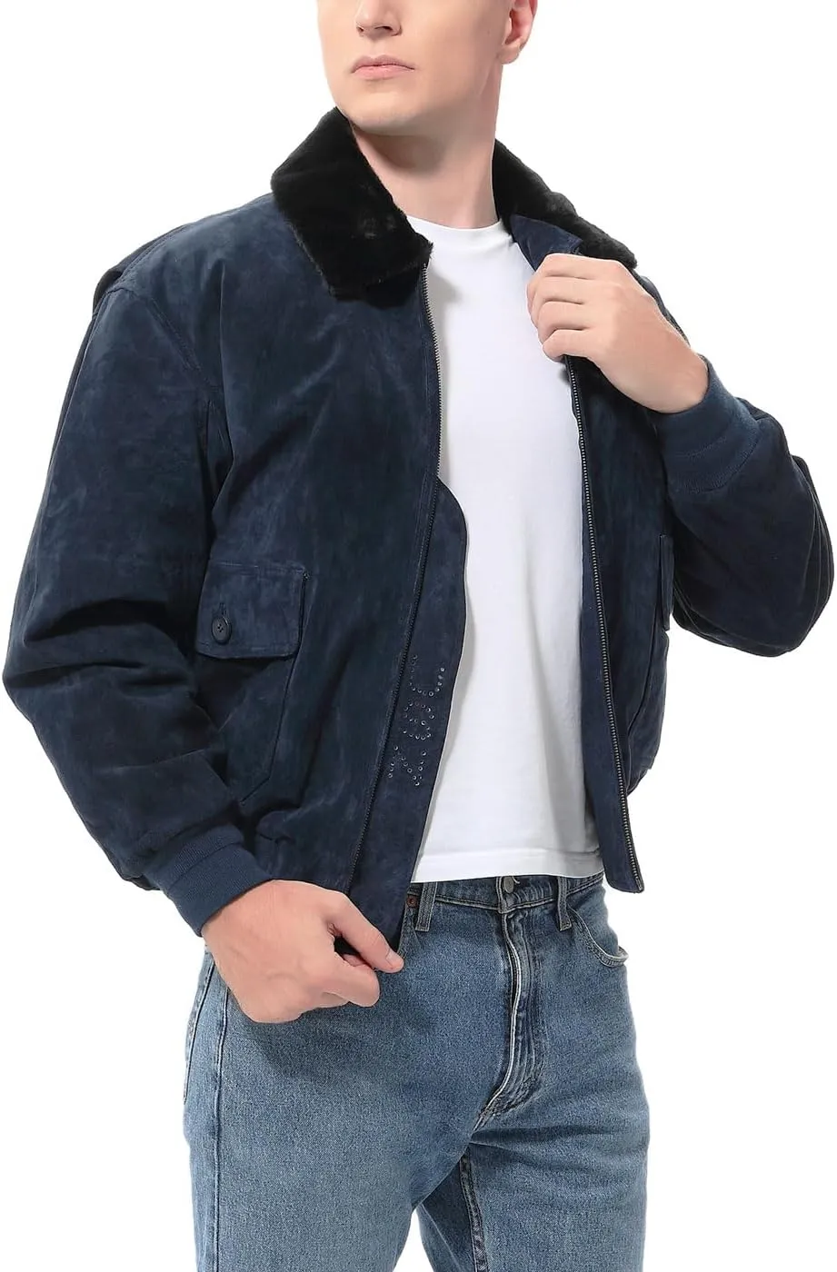 Landing Leathers Men Navy G-1 Leather Flight Bomber Jacket (Also available in Big & Tall)
