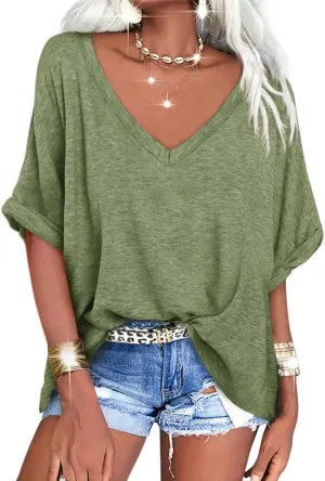 Langwyqu Women's Oversized T Shirts V Neck Short Sleeve Summer Casual Loose Tops Tees