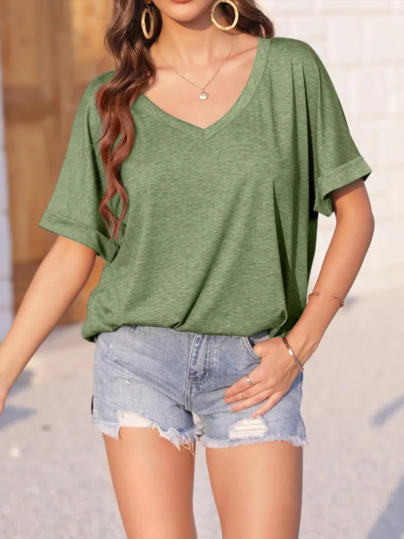 Langwyqu Women's Oversized T Shirts V Neck Short Sleeve Summer Casual Loose Tops Tees