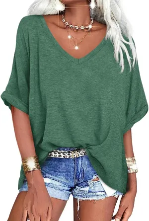 Langwyqu Women's Oversized T Shirts V Neck Short Sleeve Summer Casual Loose Tops Tees