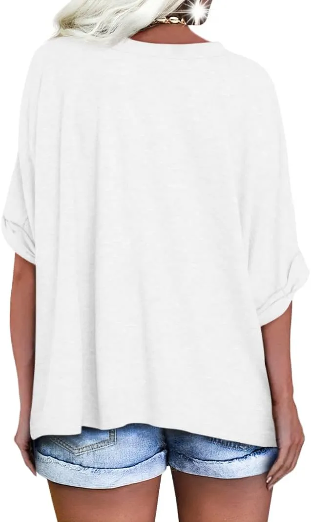 Langwyqu Women's Oversized T Shirts V Neck Short Sleeve Summer Casual Loose Tops Tees