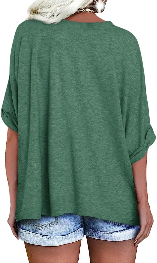 Langwyqu Women's Oversized T Shirts V Neck Short Sleeve Summer Casual Loose Tops Tees