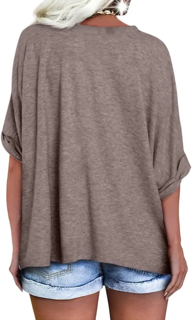Langwyqu Women's Oversized T Shirts V Neck Short Sleeve Summer Casual Loose Tops Tees